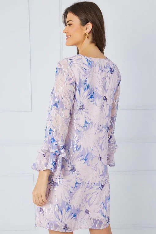 Floral Metallic Ruffle Sleeve Shift Dress