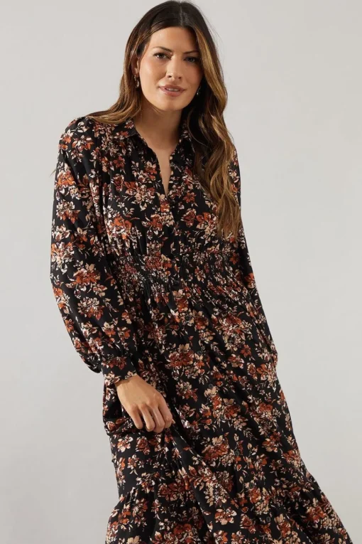 Floral Print Collared Midi Dress
