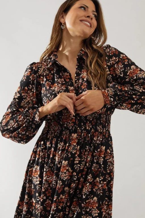 Floral Print Collared Midi Dress