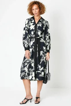 Floral Print Contrast Piping Midi Shirt Dress