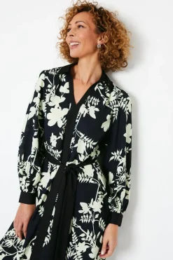 Floral Print Contrast Piping Midi Shirt Dress
