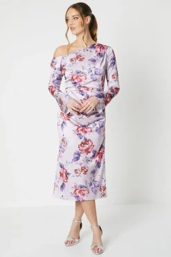 Floral Print Drape Satin Jacquard Midi Dress