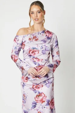 Floral Print Drape Satin Jacquard Midi Dress