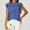 Floral Print Frill Hem Short Sleeve Blouse Top In Blue