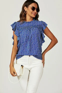 Floral Print Frill Hem Short Sleeve Blouse Top In Blue