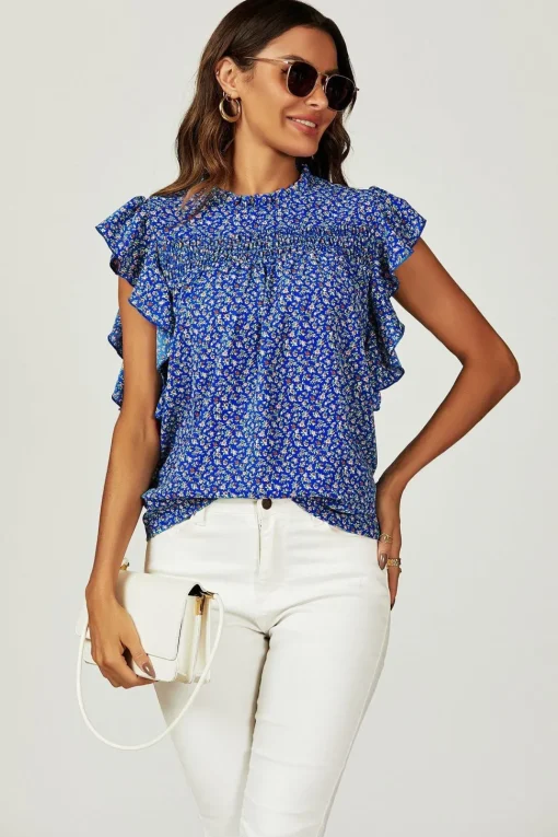 Floral Print Frill Hem Short Sleeve Blouse Top In Blue