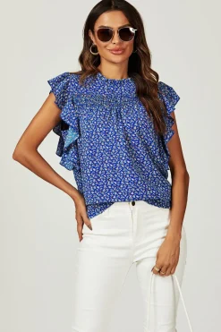 Floral Print Frill Hem Short Sleeve Blouse Top In Blue