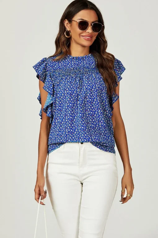 Floral Print Frill Hem Short Sleeve Blouse Top In Blue