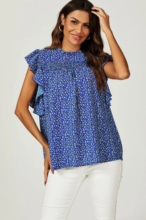 Floral Print Frill Hem Short Sleeve Blouse Top In Blue