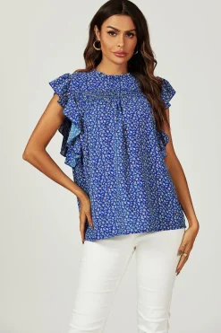 Floral Print Frill Hem Short Sleeve Blouse Top In Blue