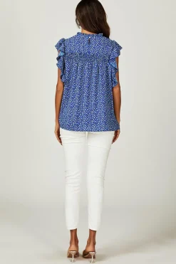 Floral Print Frill Hem Short Sleeve Blouse Top In Blue
