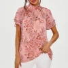 Floral Print Frill Hem Sleeve High Neck Blouse Top In Pink