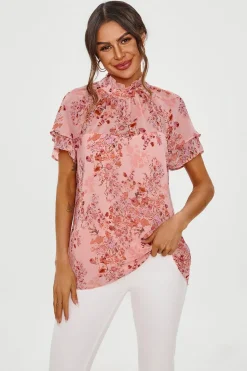 Floral Print Frill Hem Sleeve High Neck Blouse Top In Pink