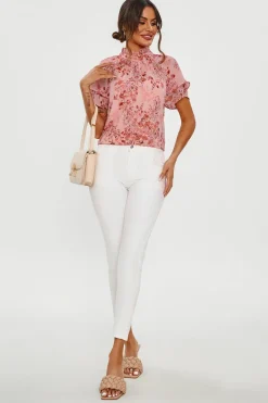Floral Print Frill Hem Sleeve High Neck Blouse Top In Pink