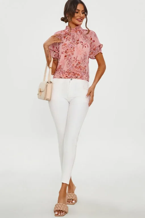 Floral Print Frill Hem Sleeve High Neck Blouse Top In Pink