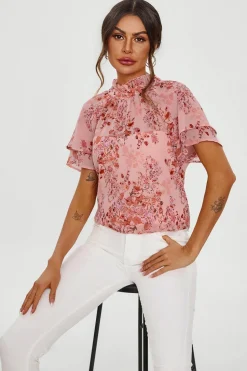 Floral Print Frill Hem Sleeve High Neck Blouse Top In Pink