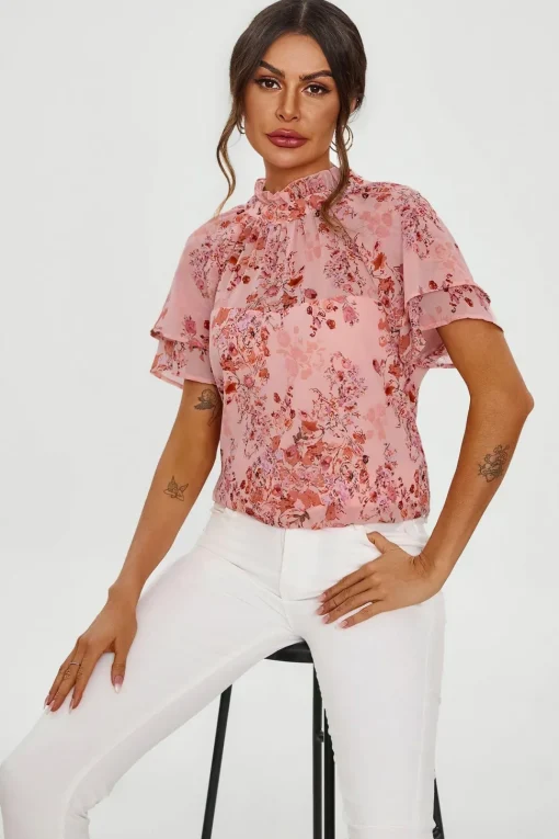 Floral Print Frill Hem Sleeve High Neck Blouse Top In Pink