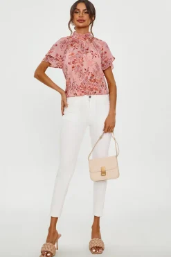 Floral Print Frill Hem Sleeve High Neck Blouse Top In Pink