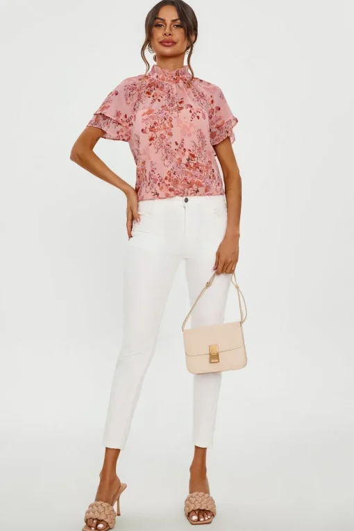 Floral Print Frill Hem Sleeve High Neck Blouse Top In Pink