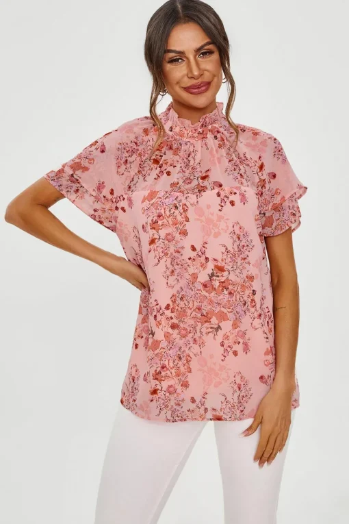 Floral Print Frill Hem Sleeve High Neck Blouse Top In Pink