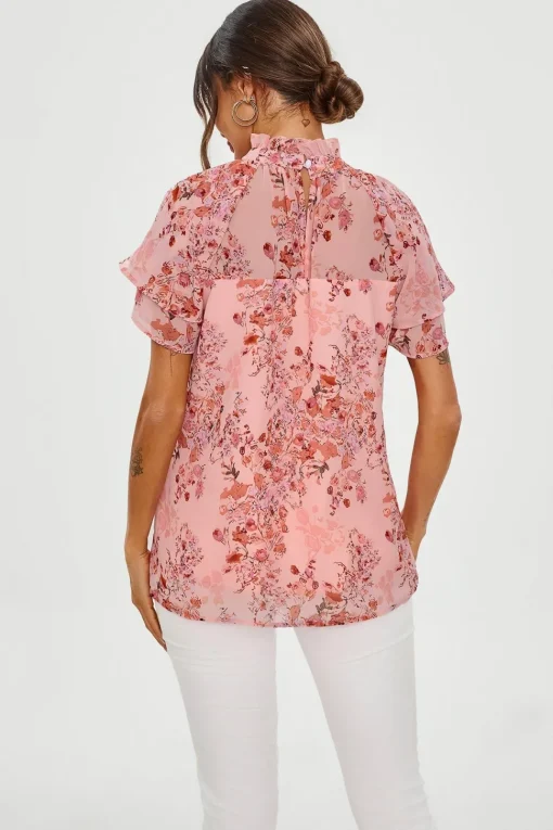 Floral Print Frill Hem Sleeve High Neck Blouse Top In Pink