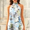 Floral Print  Halter Neck Tie Back Top In Grey Blue