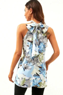 Floral Print  Halter Neck Tie Back Top In Grey Blue