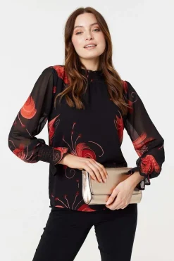 Floral Print High Neck Sheer Blouse