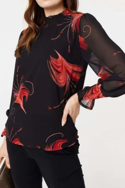 Floral Print High Neck Sheer Blouse