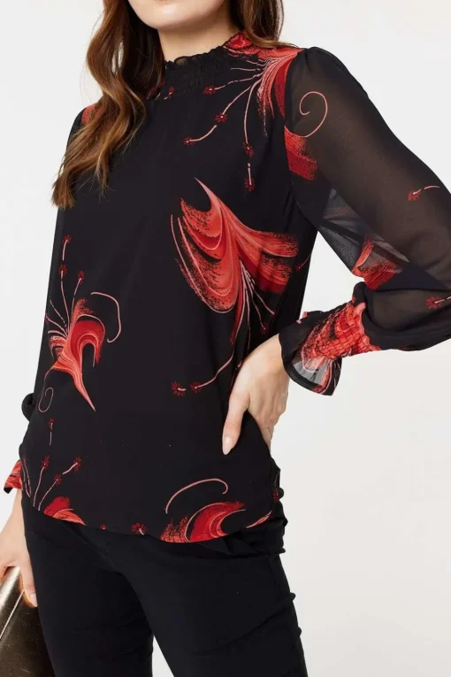 Floral Print High Neck Sheer Blouse