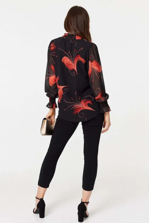 Floral Print High Neck Sheer Blouse