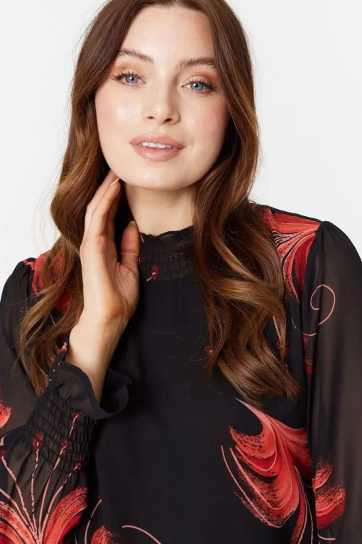Floral Print High Neck Sheer Blouse