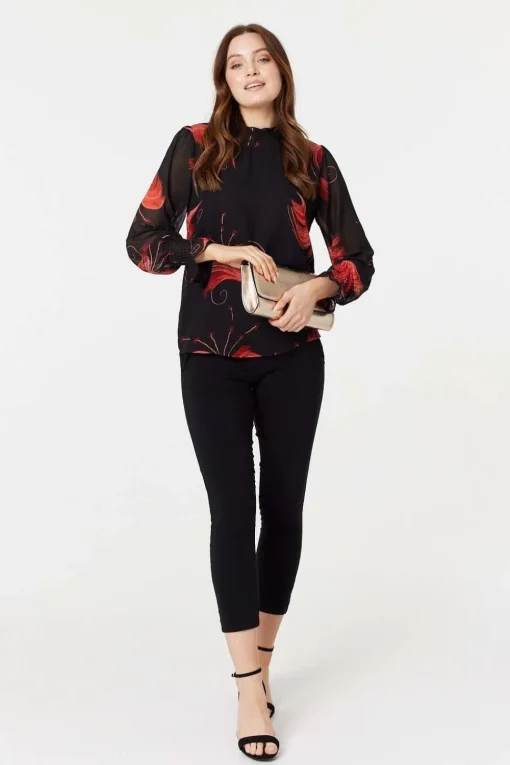 Floral Print High Neck Sheer Blouse