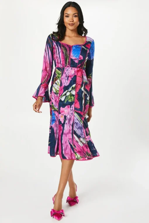 Floral Print Long Sleeve Midi Wedding Guest Dress