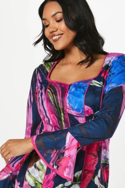 Floral Print Long Sleeve Midi Wedding Guest Dress
