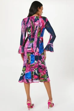 Floral Print Long Sleeve Midi Wedding Guest Dress