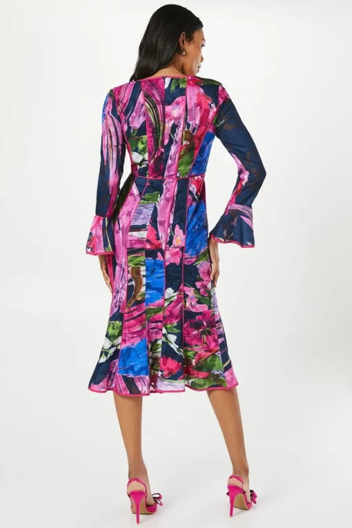 Floral Print Long Sleeve Midi Wedding Guest Dress