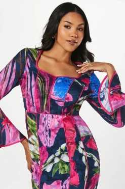 Floral Print Long Sleeve Midi Wedding Guest Dress