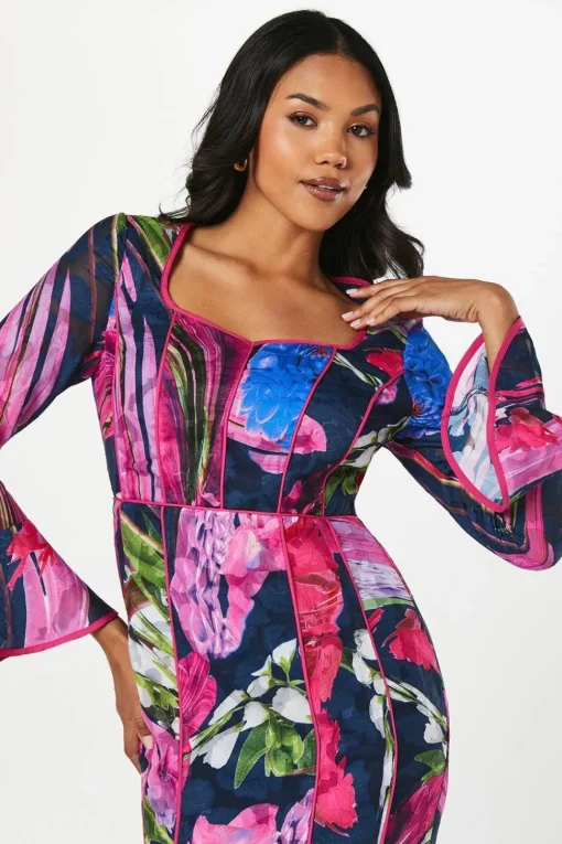 Floral Print Long Sleeve Midi Wedding Guest Dress