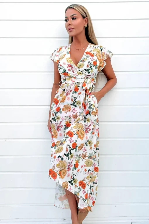 Floral Print Short Sleeve Wrap Midi Dress