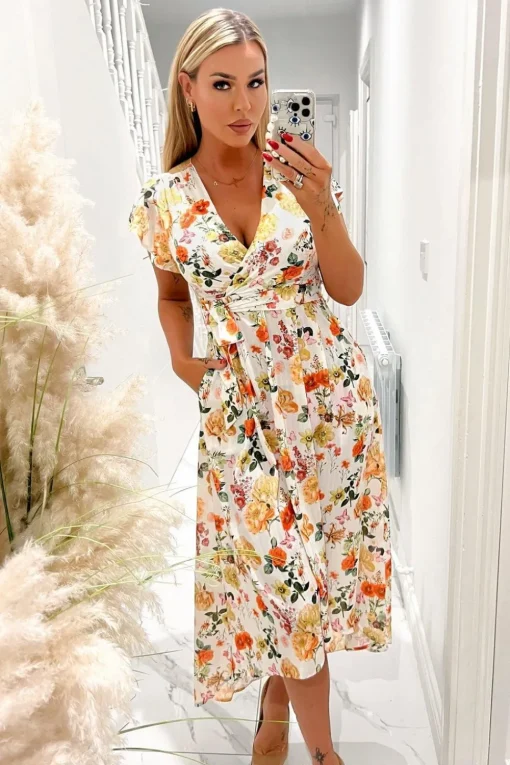 Floral Print Short Sleeve Wrap Midi Dress