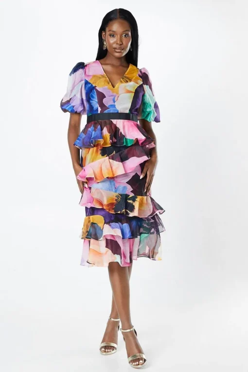 Floral Print Tiered Skirt Puff Sleeve Midi Wedding Guest Dress