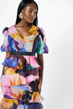 Floral Print Tiered Skirt Puff Sleeve Midi Wedding Guest Dress