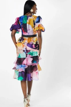 Floral Print Tiered Skirt Puff Sleeve Midi Wedding Guest Dress