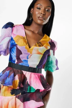 Floral Print Tiered Skirt Puff Sleeve Midi Wedding Guest Dress