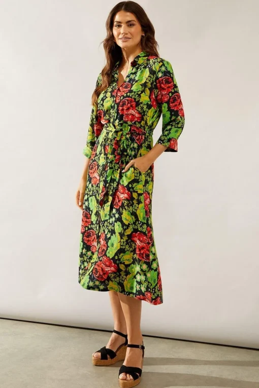 Floral Print Viscose Belted Midi Shirt Dress