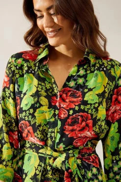 Floral Print Viscose Belted Midi Shirt Dress