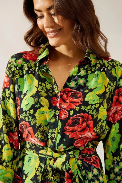 Floral Print Viscose Belted Midi Shirt Dress