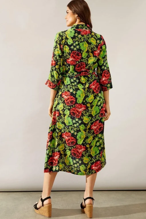 Floral Print Viscose Belted Midi Shirt Dress