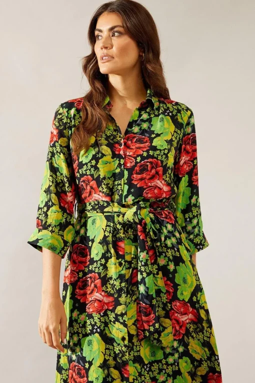 Floral Print Viscose Belted Midi Shirt Dress
